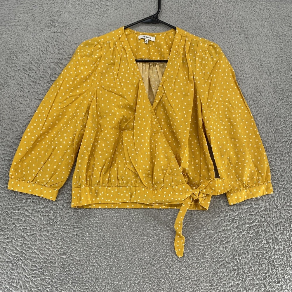 Madewell Wrap Blouse Top Womens Medium Yellow Star Print Tie Waist 3/4 Sleeve